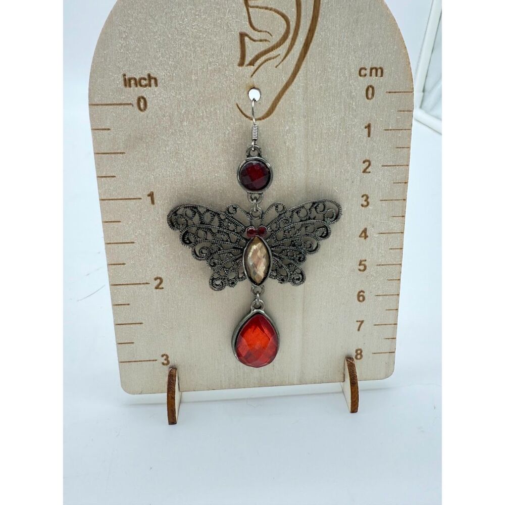 Butterfly red and silver tone dangle earrings - Picture 2 of 3